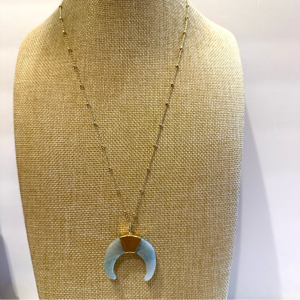 Genuine Aquamarine Crescent Moon Pendant Necklace on gold tone beaded chain
